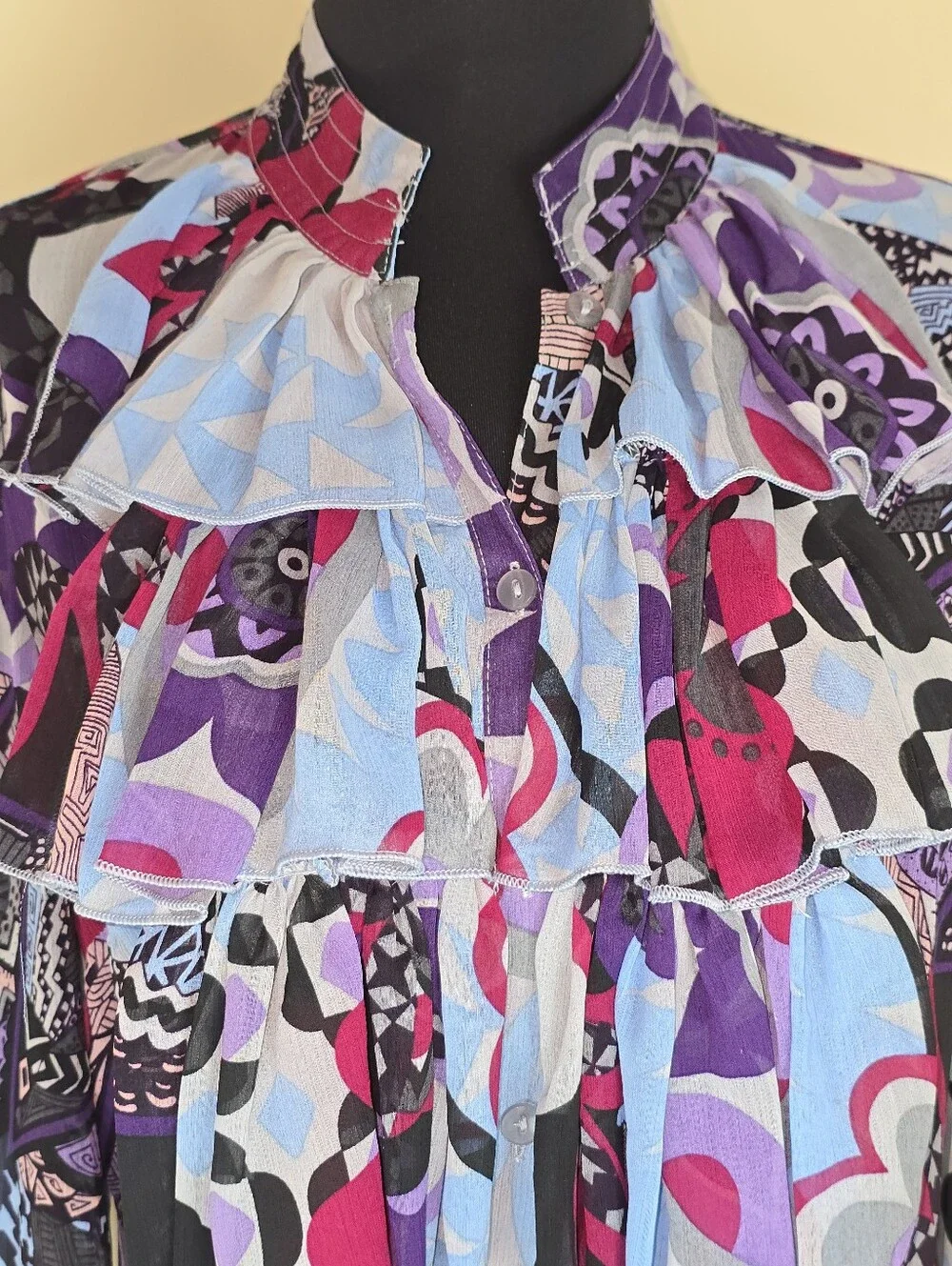 Jaipur Blue and Purple Boho Ruffled Chiffon Blouse NEW L
